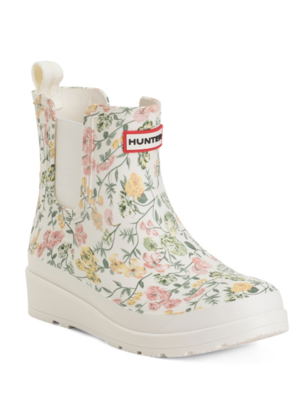 New in box Hunter Floral Chelsea Rain Boot in Cream with Pink & Yellow Blooms